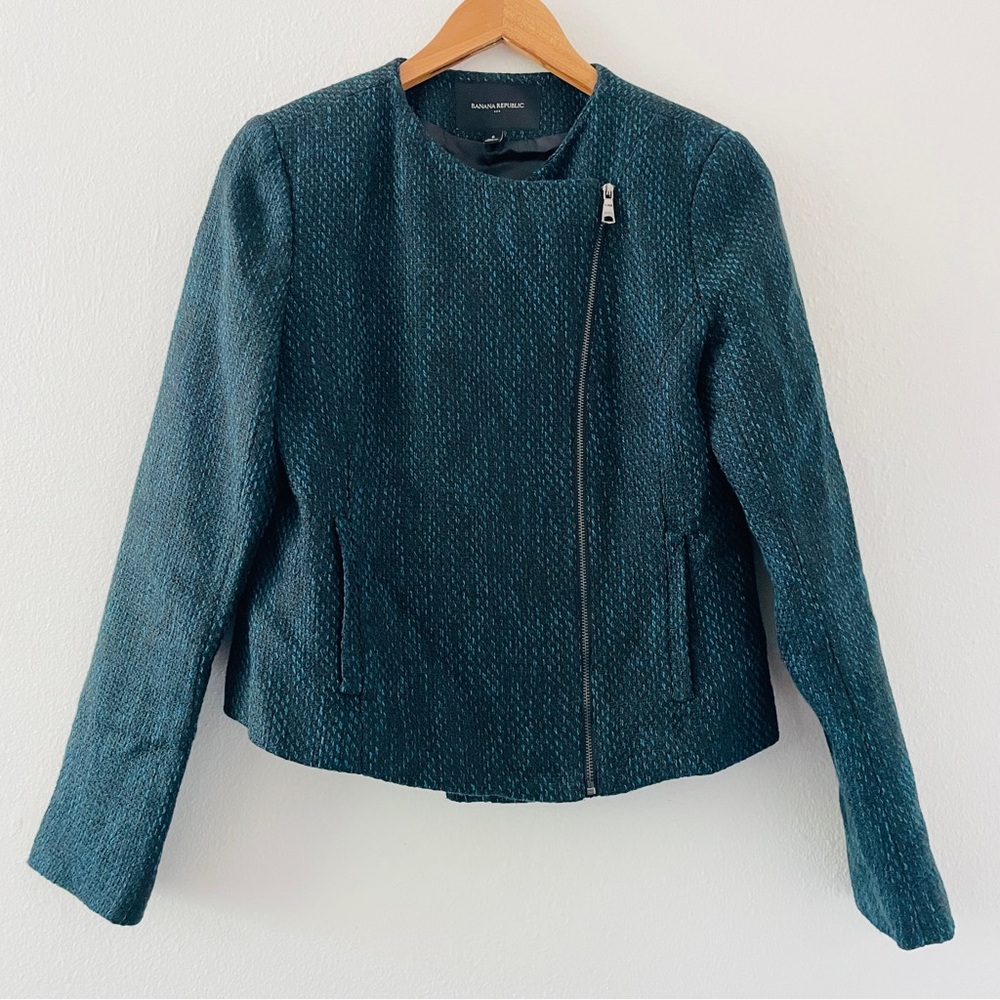 Banana Republic Tweed Boucle Moto Asymmetric Zip Jacket Coat - Legion Blazer